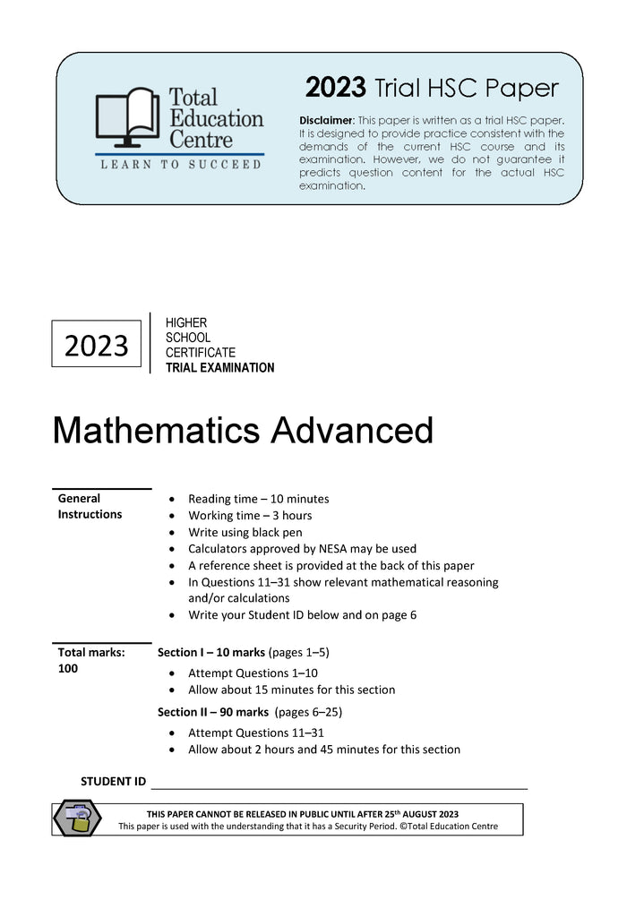 H3 Math Paper 2023 Trial HSC Advanced Mathematics paper | Total Education Centre