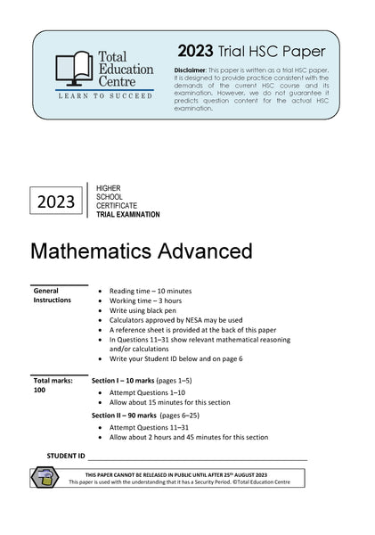 Advanced Math Hsc 2023 Trial HSC Advanced Mathematics paper | Total Education Centre