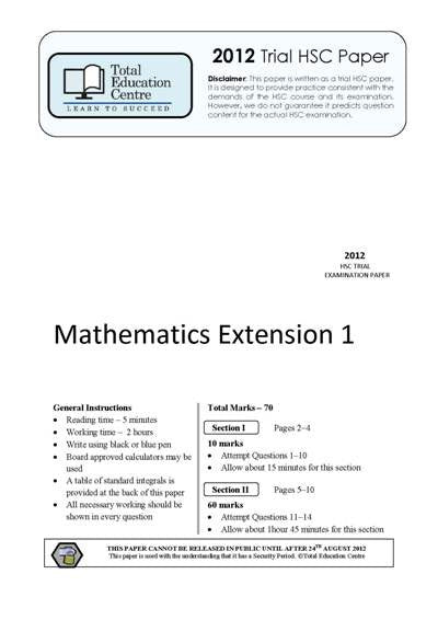 2012 Trial HSC Ext 1 Mathematics