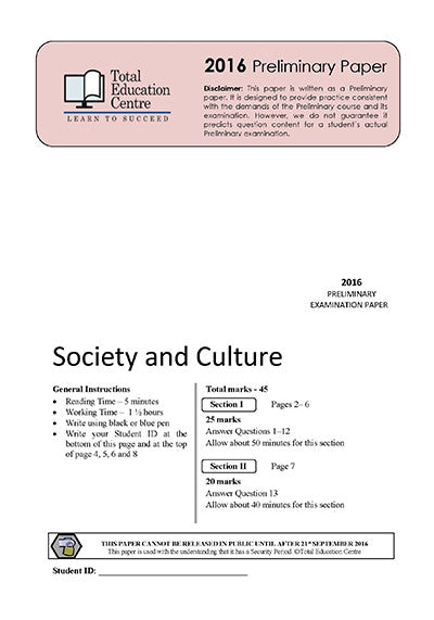 2016 Trial Prelim (Yr 11) Society and Culture