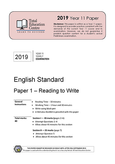 2019 English Standard Year 11 - Paper 1 | Total Education Centre