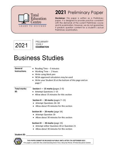 2021 Preliminary (Yr 11) Business Studies