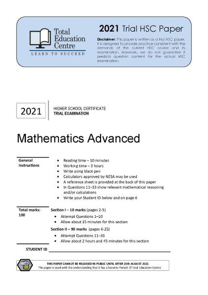 Hs Math Ap 2021 Trial HSC Advanced Mathematics paper | Total Education Centre