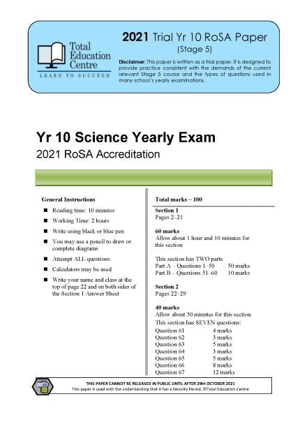 2021 RoSA Year 10 Science exam