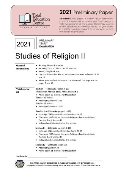 2021 Preliminary (Yr 11) Studies of Religion II