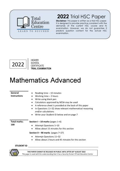 2022 Trial HSC Advanced Mathematics paper