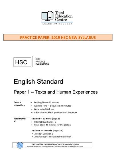 Practice HSC English STANDARD Paper 1: Texts and Human Experiences