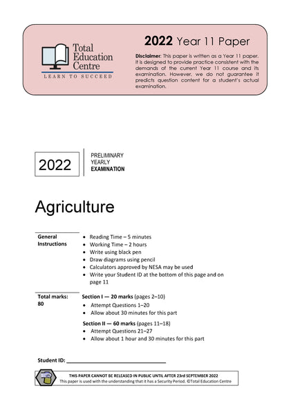 2022 Preliminary Agriculture (Yr 11)