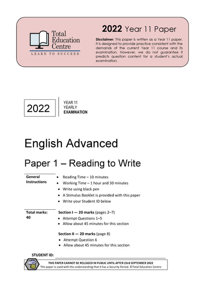 2022 English Advanced Year 11 - Paper 1