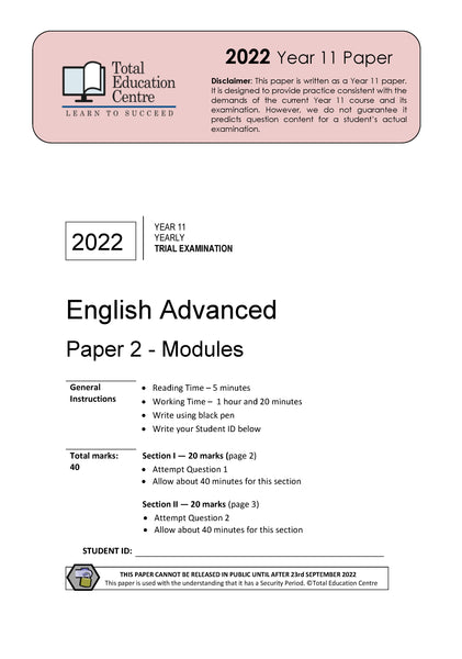 2022 English Advanced Year 11 - Paper 2 Modules