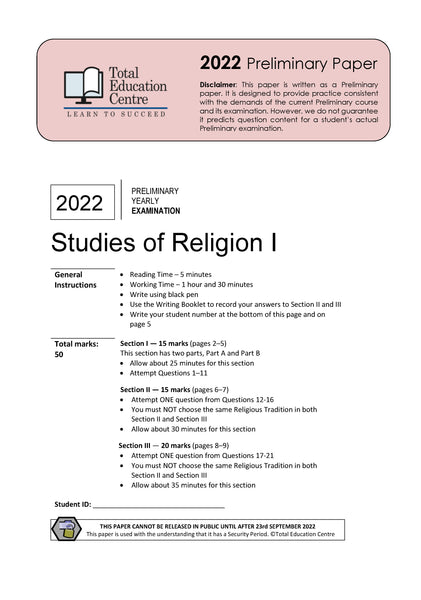 2022 Preliminary (Yr 11) Studies of Religion I